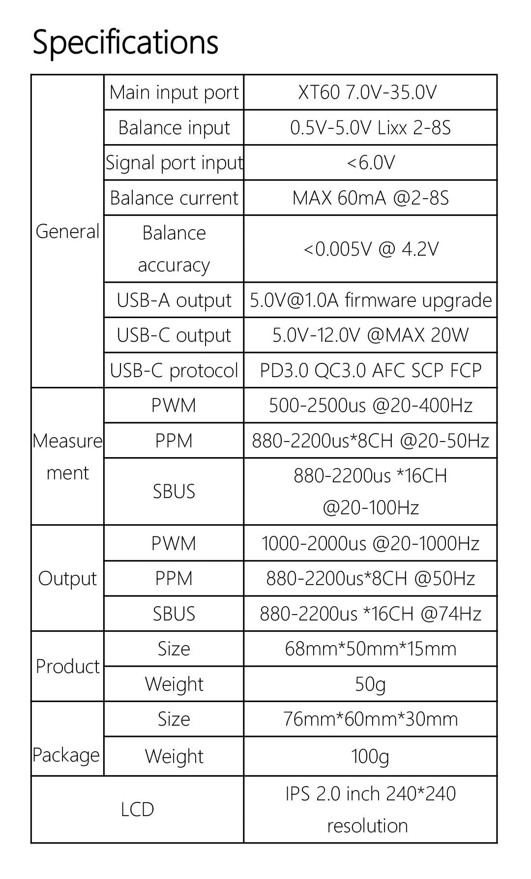 ToolkitRC MC8, Specifications Main input port) XT6O 7.OV-35.0V Balance input 