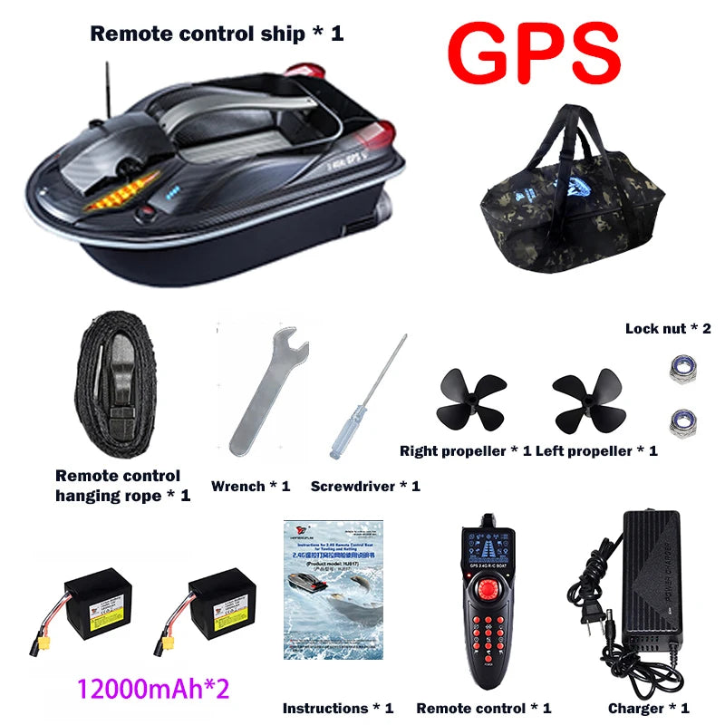 HJ817 RC Fishing Boat, GPS-enabled RC fishing boat with dual motors, 12000mAh battery, charger, and accessories for remote-controlled angling convenience.