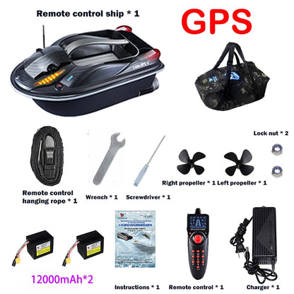 HJ817 RC Fishing Boat, GPS-enabled RC fishing boat with dual motors, 12000mAh battery, charger, and accessories for remote-controlled angling convenience.