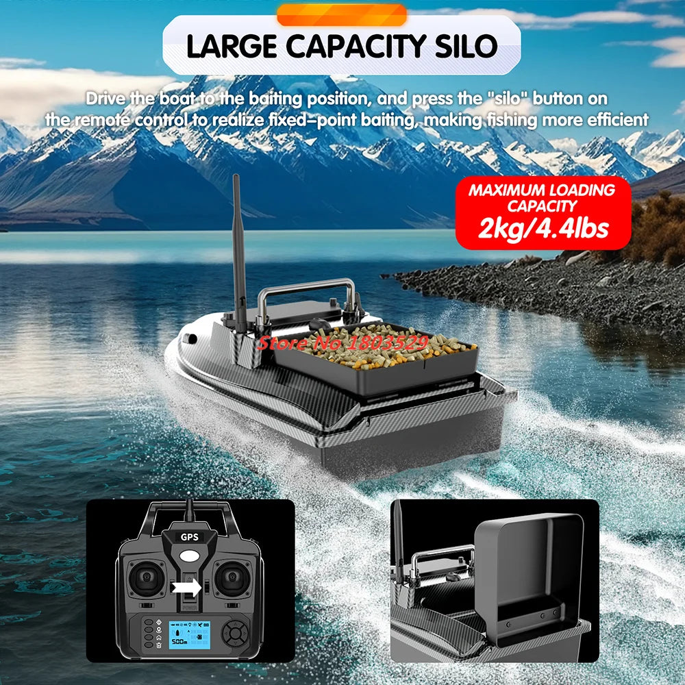 Tccicadas V060 GPS Fishing Bait Boat, 2kg capacity bait boat with GPS, 500m range, auto return, dual motors, and 160 memory positions for efficient fishing.
