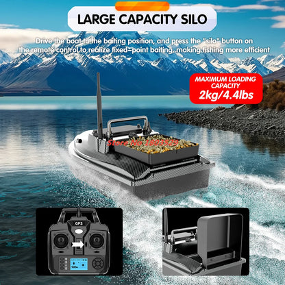 Tccicadas V060 GPS Fishing Bait Boat, 2kg capacity bait boat with GPS, 500m range, auto return, dual motors, and 160 memory positions for efficient fishing.