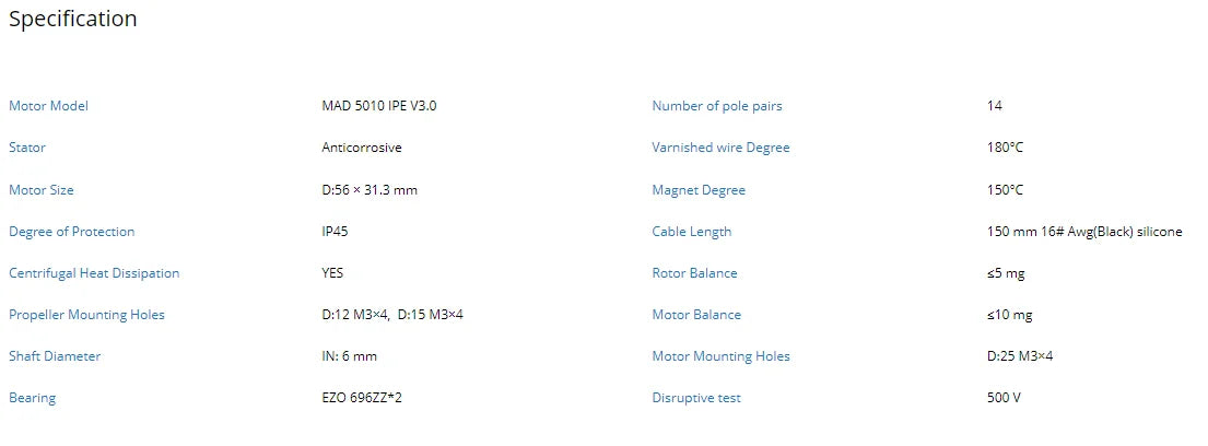 MAD 5010 IPE V3.0 Drone Motor, Brushless motor for agricultural protection drone with key features including KV ratings and dimensions.