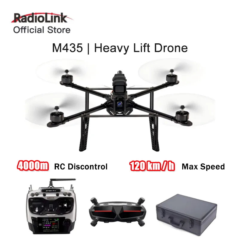 The RadioLink M435 is a heavy lift drone with a payload capacity of 3kg and long range transmission distance up to 4km.