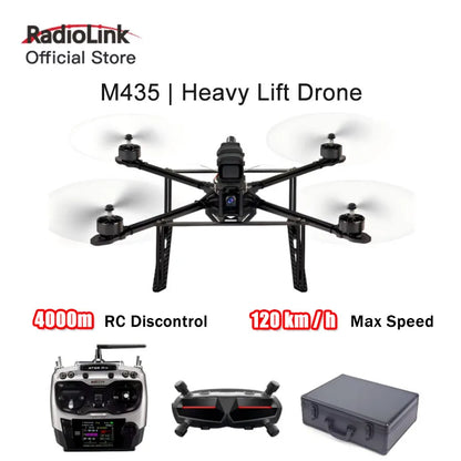 The RadioLink M435 is a heavy lift drone with a payload capacity of 3kg and long range transmission distance up to 4km.