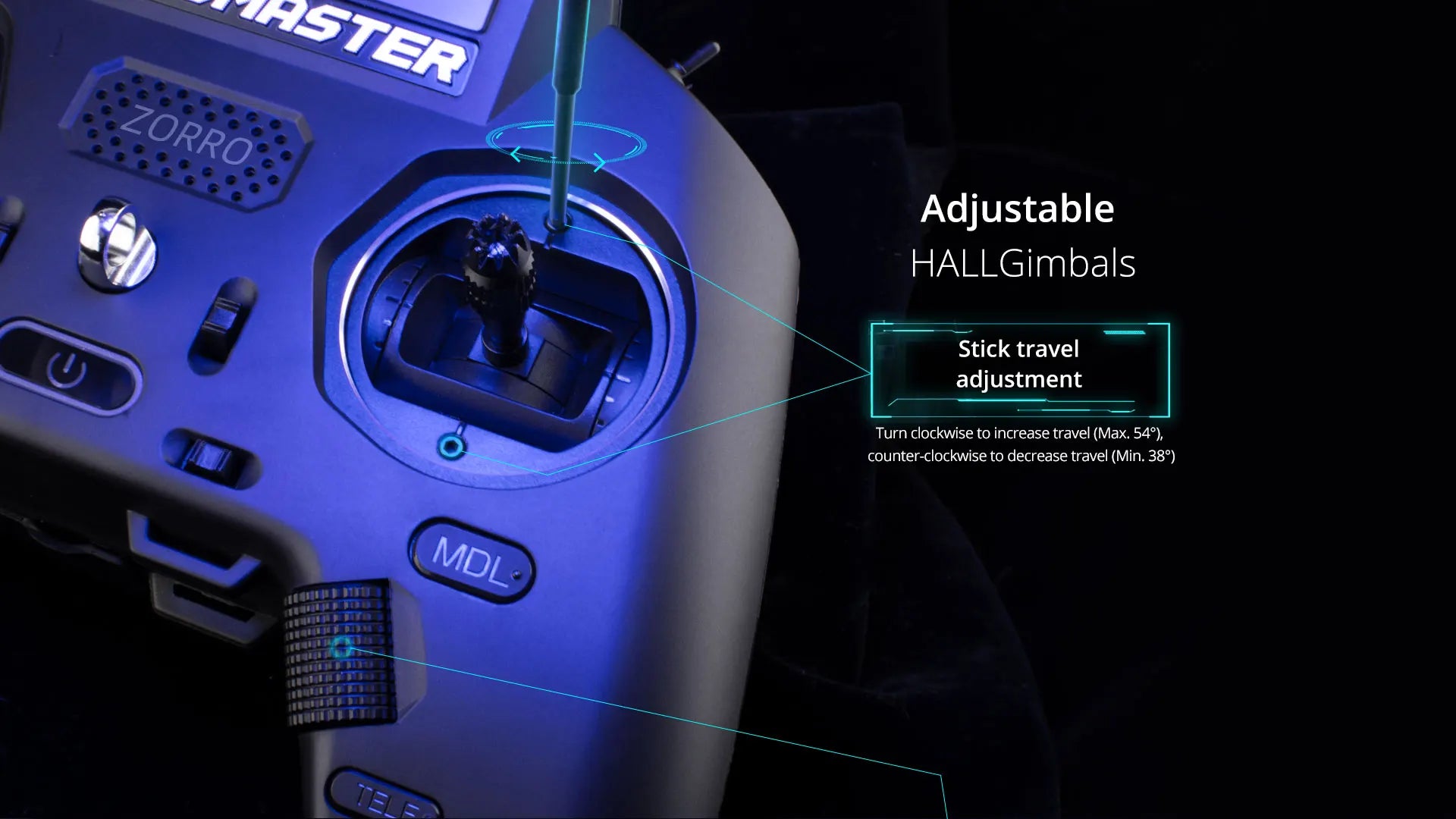 Adjustable HALLGimbals Stick travel adjustment Turn clockwise to increase travel .