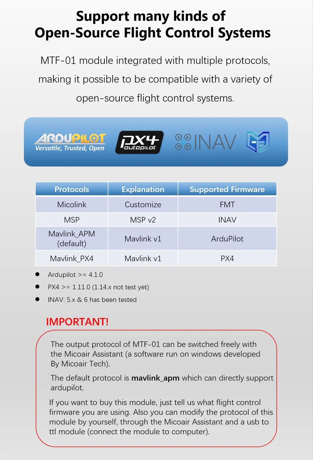 MTF-01 MicoAir Optical Flow Lidar Sensor, Compatible with ArduPilot/PX4/INAV: supports multiple flight control systems via MAVLink_APM, MSP, and more.