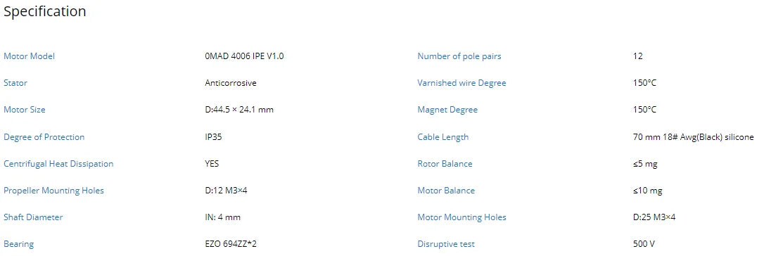 MAD 4006 IPE Drone Motor, Product specifications for MAD 4006 iPE V1.0 motor, with details on materials, size, and performance.
