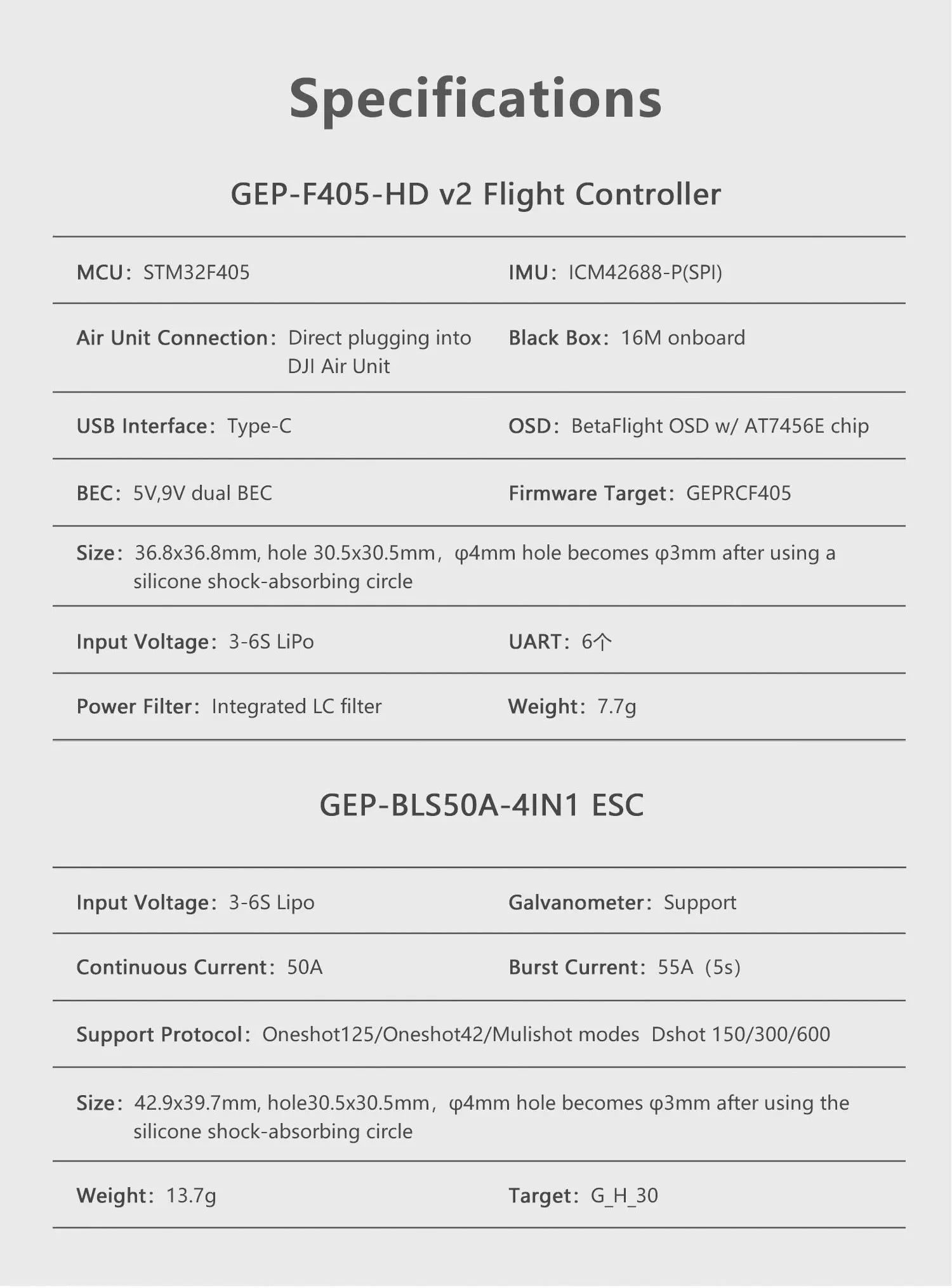GEPRC TAKER F405 BLS 50A Stack, GEP-F405-HD v2 Flight Controller MCU : STM