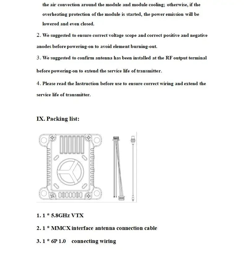 5.8G 3W 48CH VTX, if the overheating protection of the module is started, the power emission will be