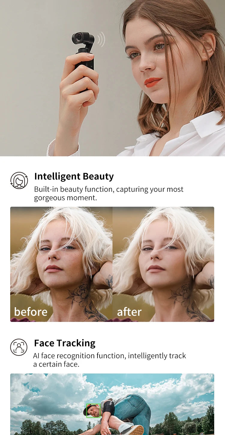 Feiyu Pocket 2, Intelligent Beauty Built-in beauty function, capturing your most gorgeous moment_ before after Face Track