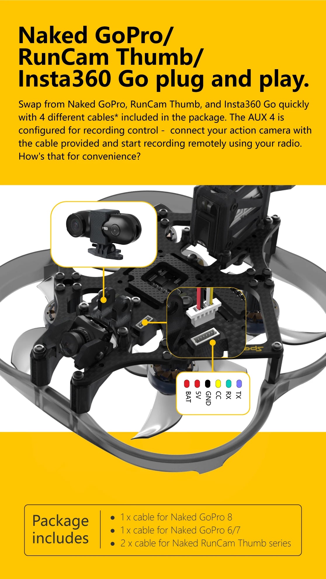 SpeedyBee F745 FreeStyle FPV Drone - 2.5 Inches 4S Quadcopter Flex25 HD with RunCam LINK Falcon 120fps Freestyle Drone F745 35A AIO Cinewhoop 11 SpeedyBee F745 FreeStyle FPV Drone, the AUX 4 is configured for recording control connect your action camera with the cable provided and