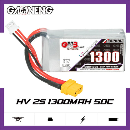 GNB 2S/3S/4S/6S 1300mAh 50C Lipo Battery, GNB lithium-ion battery for FPV drones with high discharge rate and XT60 plug.