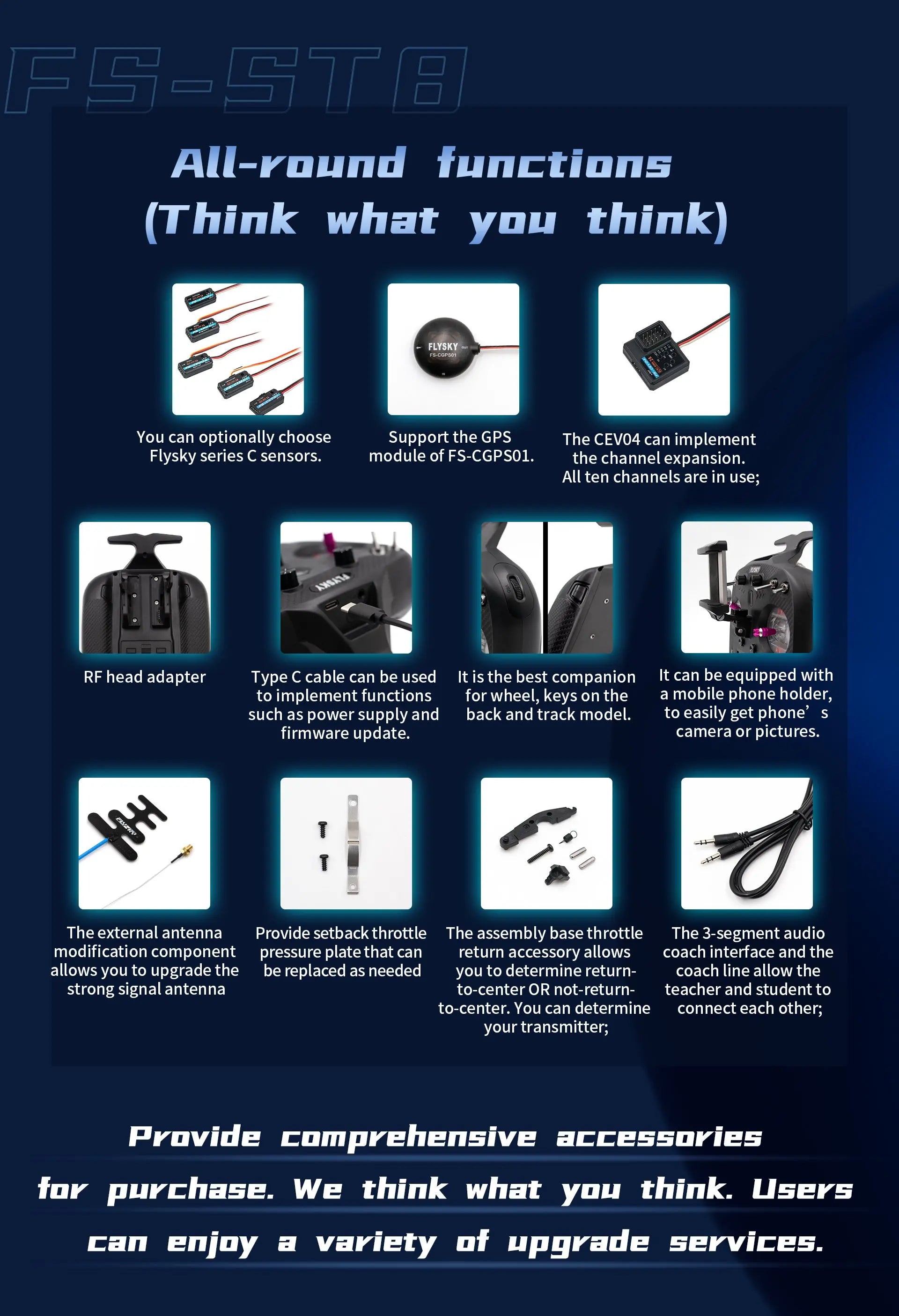 Flysky FS-ST8 Transmitter, the CEVO4 can implement functions for wheel, keys on the a mobile phone holder