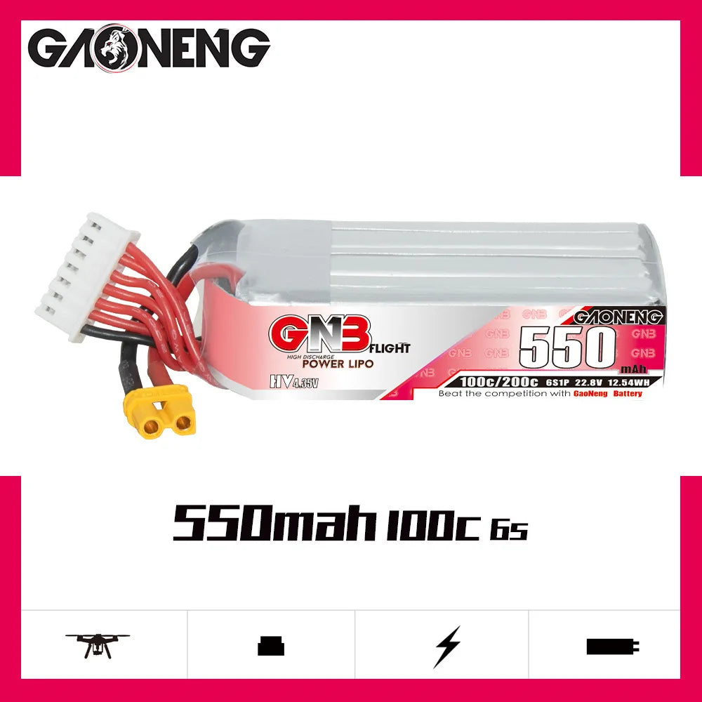 GaoNeng GNB 6S HV 22.8v 550mAh 200C Lipo Battery, High-performance LiPo battery for FPV drones: 22.8V, 54Wh, reliable power source for improved flight time and performance.