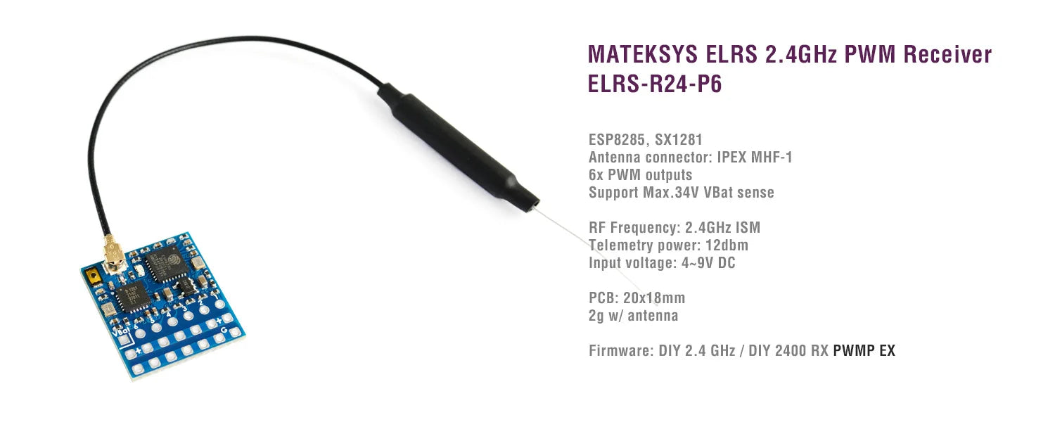 MATEK R24-P6 - Mateksys EXPRESSLRS 2.4GHZ PWM RECEIVER 5 MATEK R24-P6, MATEKSYS ELRS 2.4GHz PWM Receiver ESP8285
