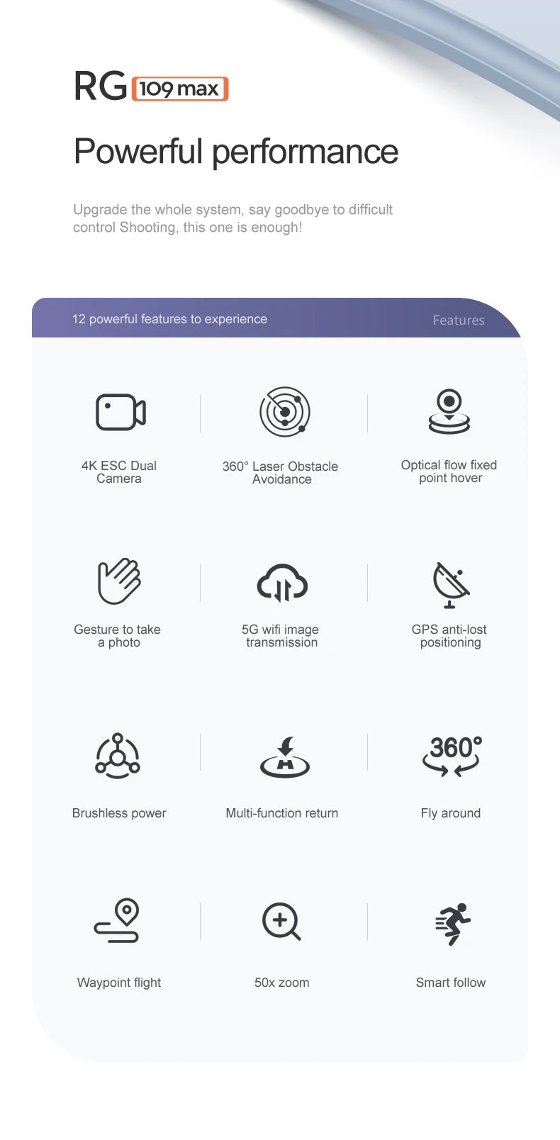 RG109 PRO MAX GPS Drone - RC Distance 1200M Professional Obstacle Avoidance 4K HD Dual HD Camera Brushless Foldable Quadcopter Professional Camera Drone 29 RG109 PRO MAX GPS Drone, Features 4K ESC Dual 3609 Laser Obstacle Optical flow fixed Camera Avoid