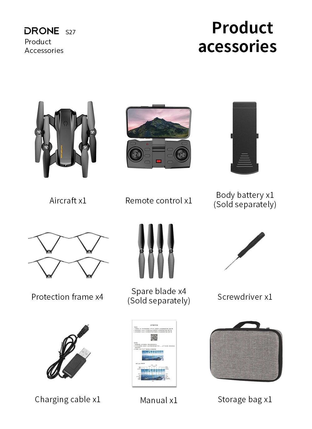 S27 Drone - RC Quadcopter Helicopter with 4K HD Camera Optical flow WIFI FPV Racing Dron Wide Angle Foldable Toy RTF 28 S27 Drone, drone s27 product product accessories acessories body battery