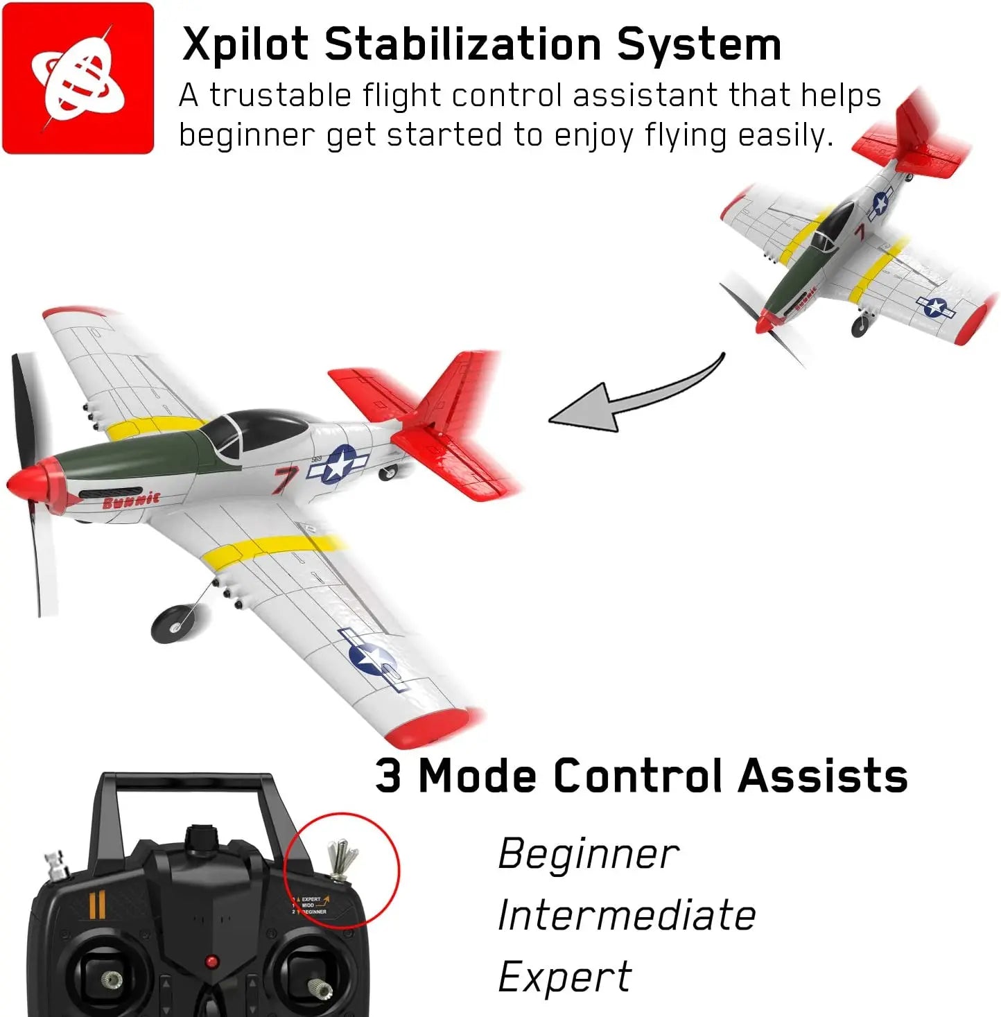 Volantex RC 761-5 RTF Airplane - 4CH RC Trainer Airplane Mustang P51 RTF with Xpilot Stabilization System Remote Control Plane Toys for Boys Beginner 15 Volantex RC 761-5 RTF Airplane, Xpilot Stabilization System A trustable flight control assistant that helps beginner get started to