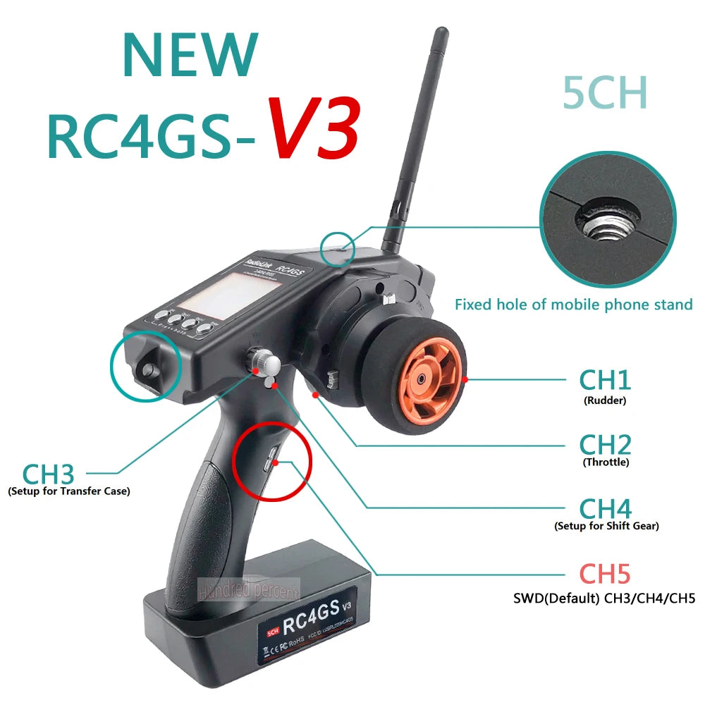 RadioLink RC4GS V3 - 2.4G 4CH 5CH 7CH 400M Distance Remote Controller Transmitter + R6Fg Gyro Inside Receiver for RC Car Boat V4V5 20 RadioLink RC4GS V3, RC4GS-V3 Fixed hole of mobile phone stand CH1 (Rudder)
