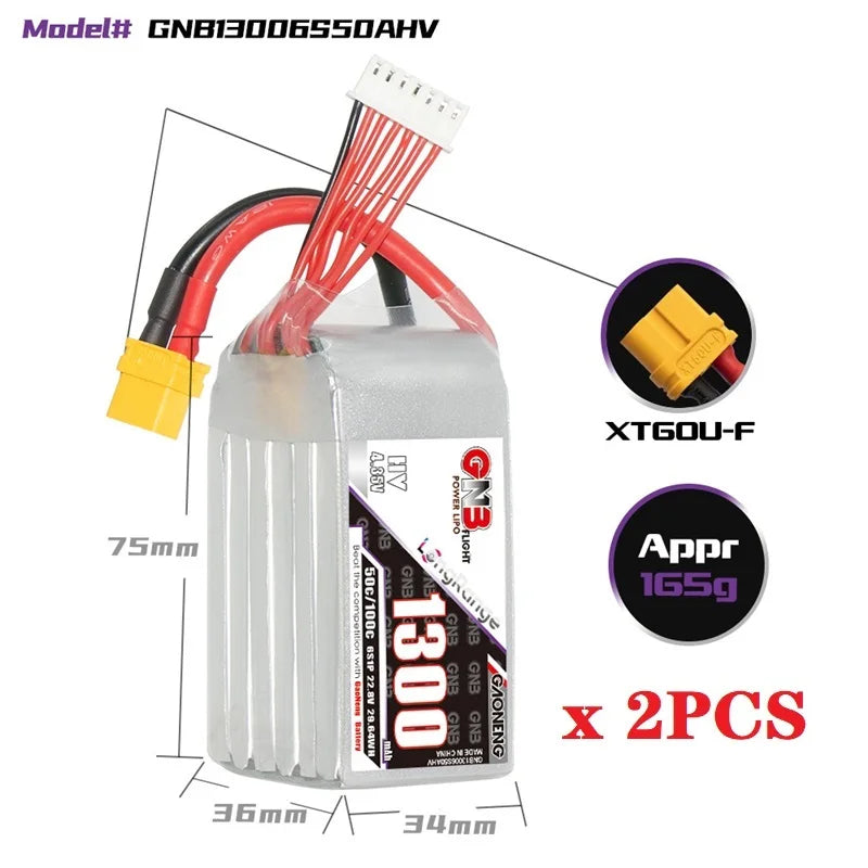 GNB 2S/3S/4S/6S 1300mAh 50C Lipo Battery For FPV Racing Drone With XT60 Plug