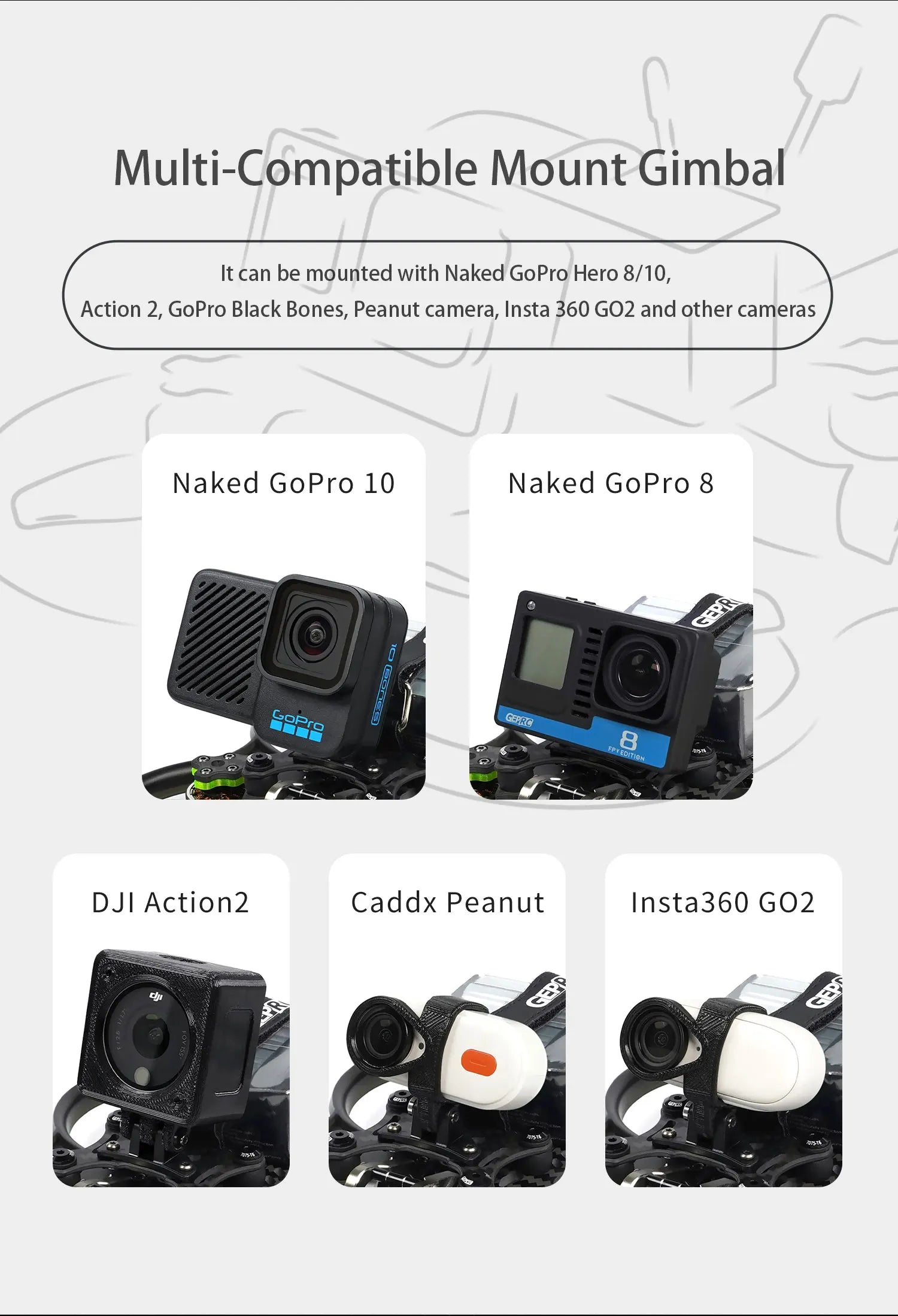 GEPRC Cinebot30 FPV Drone, Mount Gimbal can be mounted with Naked GoPro Hero 8/10, Action 2, Go