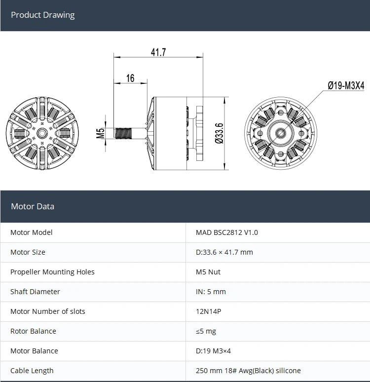 MAD BSC2812 FPV Drone Motor, Drone motor specs: 41.7mm long, 16mm wide, M3x4 prop mounting, 5mm shaft, and 250mm cable.