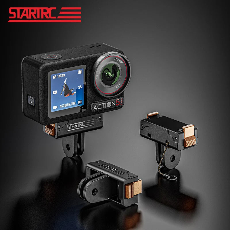 STARTRC Action 5 Pro camera features magnetic adapter mount, quick release, lanyard, and plastic/metal expansion base for versatile, secure mounting options.