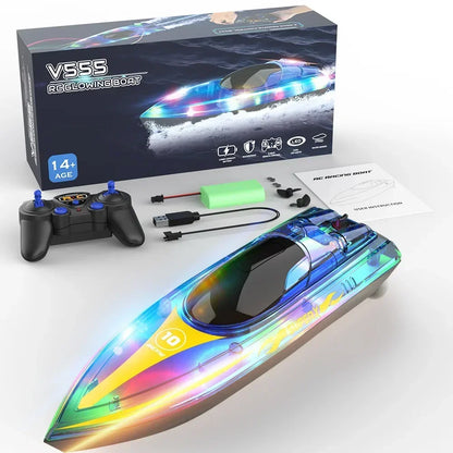 V555 2.4GHz RC Boat, V555 RC glowing boat with 2.4GHz control, 15KM/h speed, LED lights, 50M range, 60-minute runtime, transparent cover, suitable for ages 14 and up.
