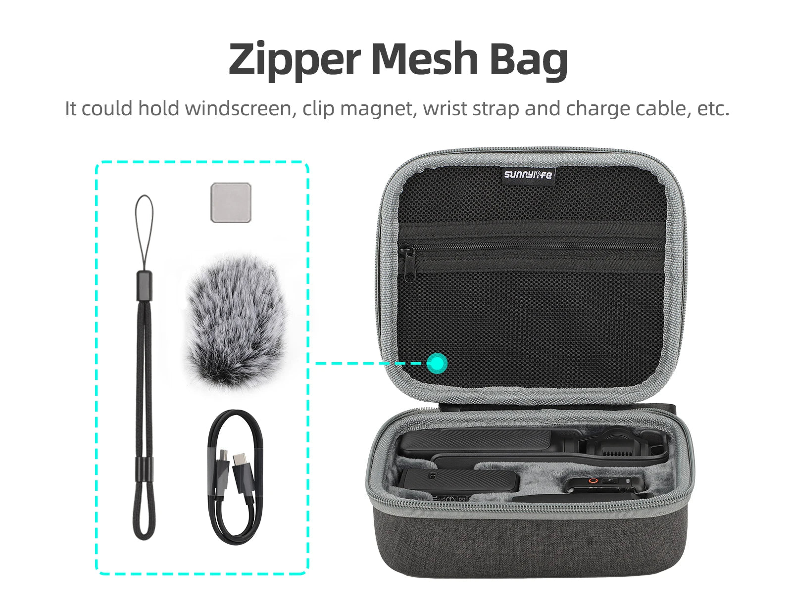 For DJI Pocket 3 Storage Bag, Zipper Mesh Bag It could hold windscreen, clip magnet; wrist strap and charge cable