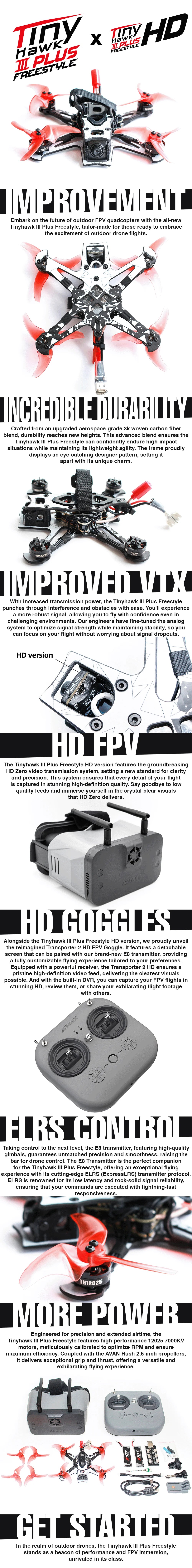 Emax Tinyhawk III Plus, the all-new Tinvhawk Plus Freestyle features the groundbreaking HD Zero video transmiss system