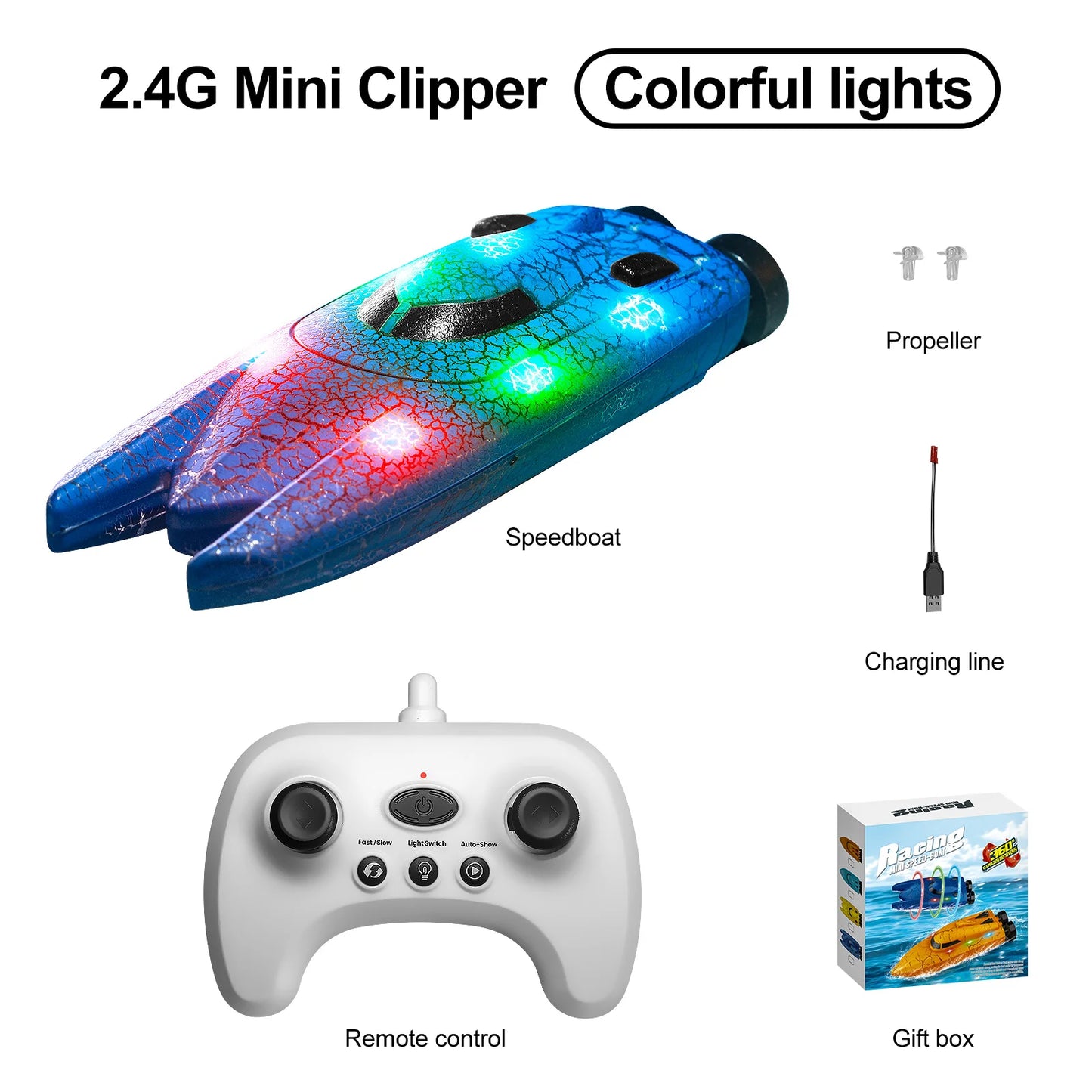 Mini Remote Controlled Boat, Mini 2.4G RC boat with colorful lights, remote control, charging cable, and gift box—ideal for fun, portable aquatic play.