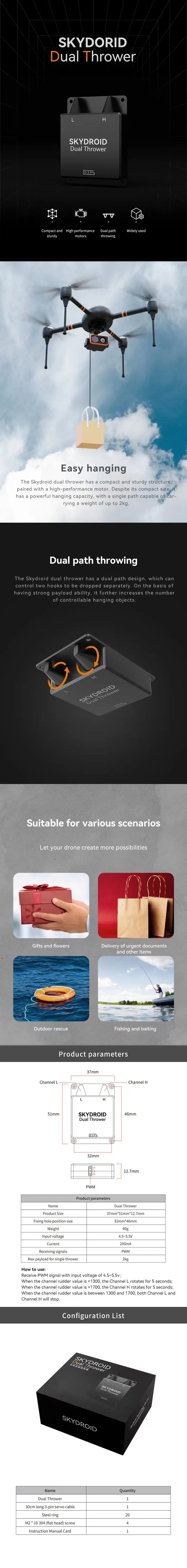 Skydroid Dual Thrower - Dual Path Throwing Easy Hanging Up To 2KG for RC Drone 7 Skydroid Dual Thrower, Compact motorized throwing device for payloads up to 2kg, ideal for drone delivery, gifts, and more.