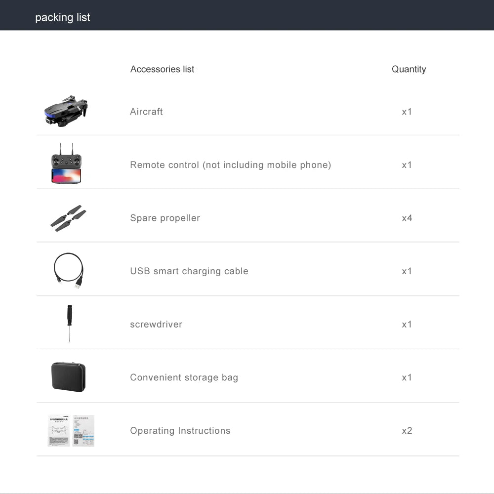 LS878 Drone, packing list accessories list quantity aircraft remote control (not including mobile phone)