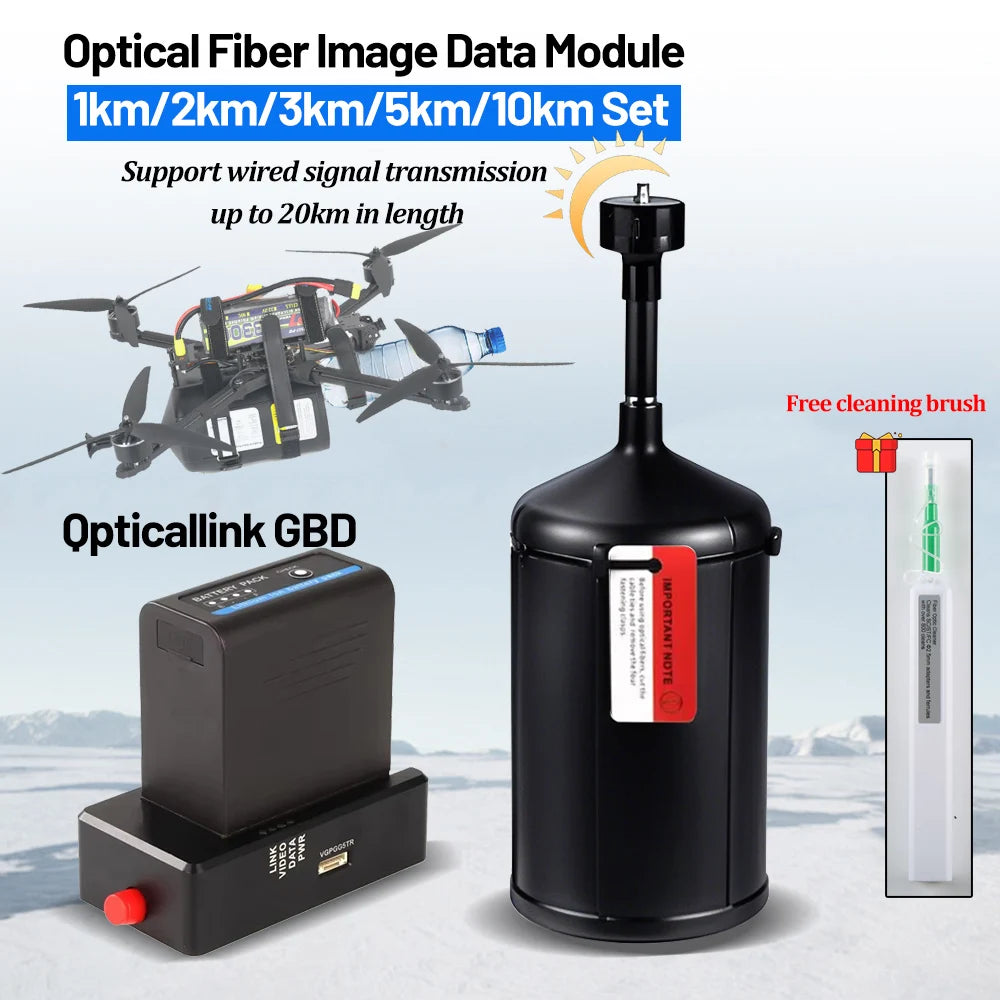 Optical fiber image data module set for 1-10km, supports up to 20km transmission, includes cleaning brush for maintenance.