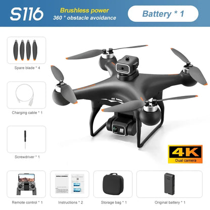 S116 MAX Drone, Brushless drone with 4K cameras, obstacle avoidance, and accessories.