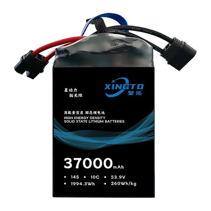 XINGTO Drone Battery, XINGTO 37000mAh 14S 53.9V solid-state lithium battery offers 260Wh/kg energy density, 1994.3Wh capacity, 10C discharge, and 370A max current for high-performance applications.