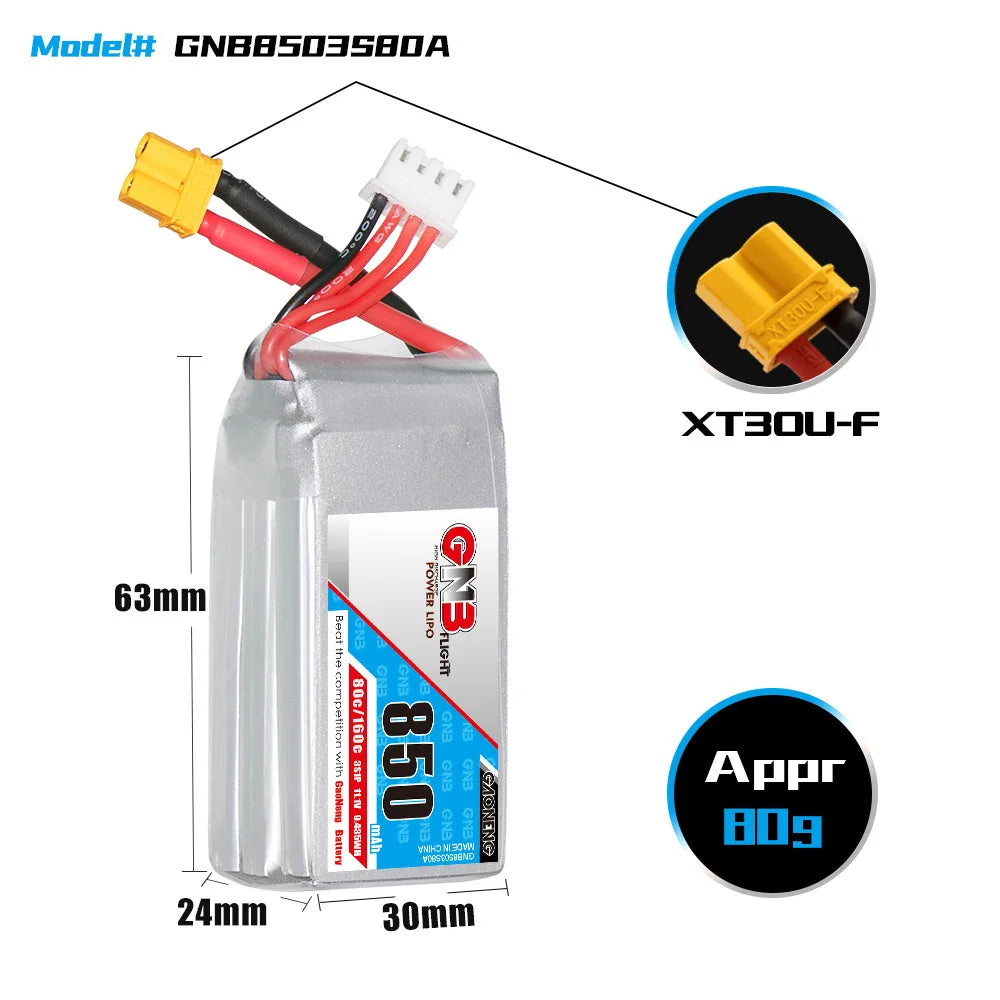 GaoNeng GNB 2S 3S 4S 6S 850mAh 80C LiPo Battery, GaoNeng 850mAh Lithium Battery for Helicopters, Remote Control Toys, and Vehicles.