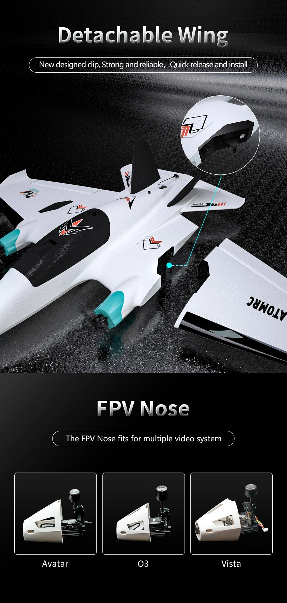 ATOMRC Penguin, FPV Nose fits for multiple video system Avatar 03 Vista Wing JUN