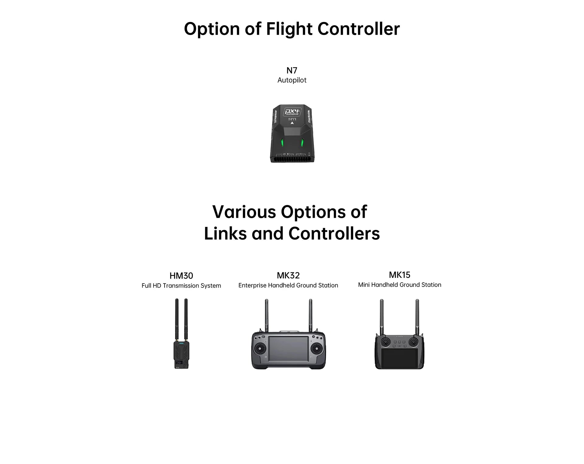 SIYI ZT6 Mini Dual Sensor Optical Pod, Flight controller options with N7 Autopilot and various links/controllers for seamless transmission.