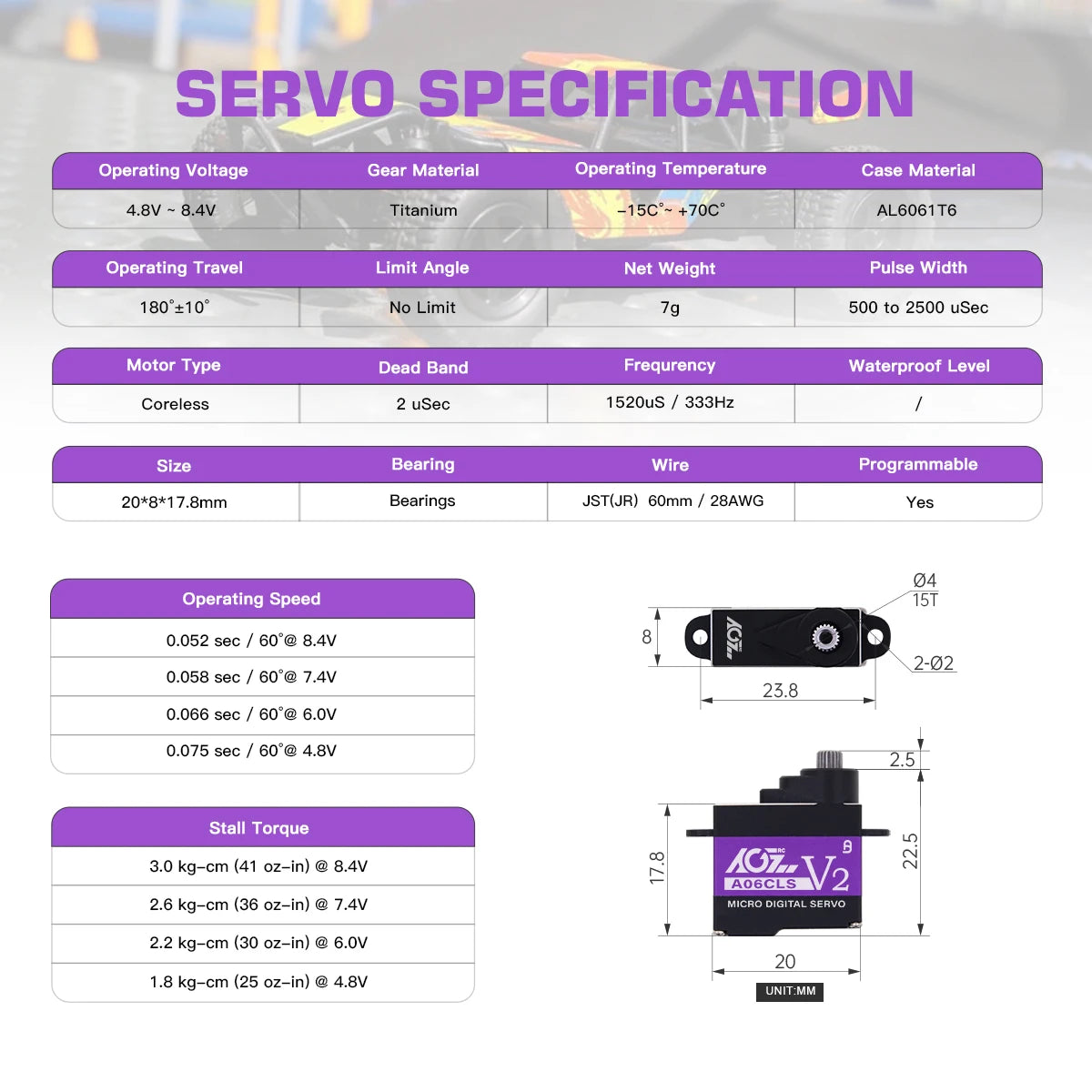 AGFRC A06CLS V2, servo SPECIFICATION 4.8V 8.4v Titanium 15C Z