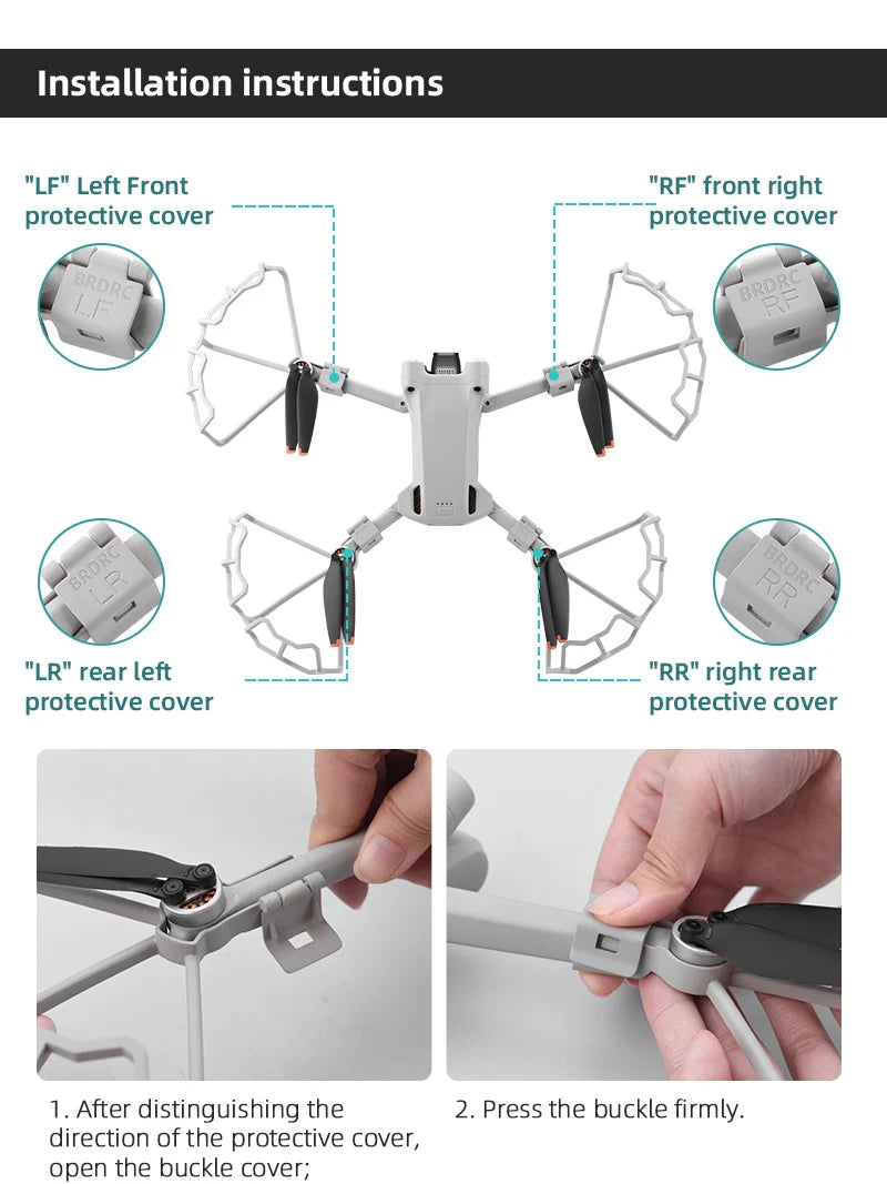 Propeller Guard for DJI Mini 3 Pro Drone, press the buckle cover firmly in the direction of the protective cover . after distinguishing the