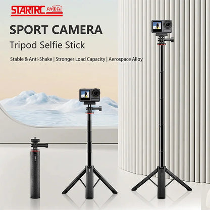 Durable aerospace alloy tripod selfie stick with anti-shake feature and high load capacity, ideal for sport cameras.