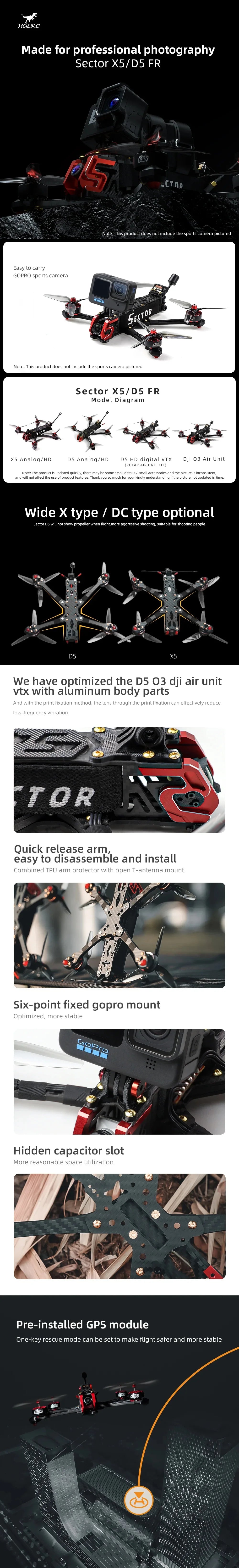 HGLRC Sector D5 - FPV Racing Drone Analog Version 2306.5 6S Caddx Ratel 2 F722 WITH GPS For RC FPV Quadcopter Freestyle Drone 7 HGLRC Sector D5 - FPV, HGLRC Sector D5, MGLRC Made for professional photography Sector XS/DS FR ctod
