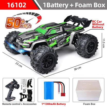 16102 RC car with remote control, reaches 50+ km/h, includes 1 battery and foam box.