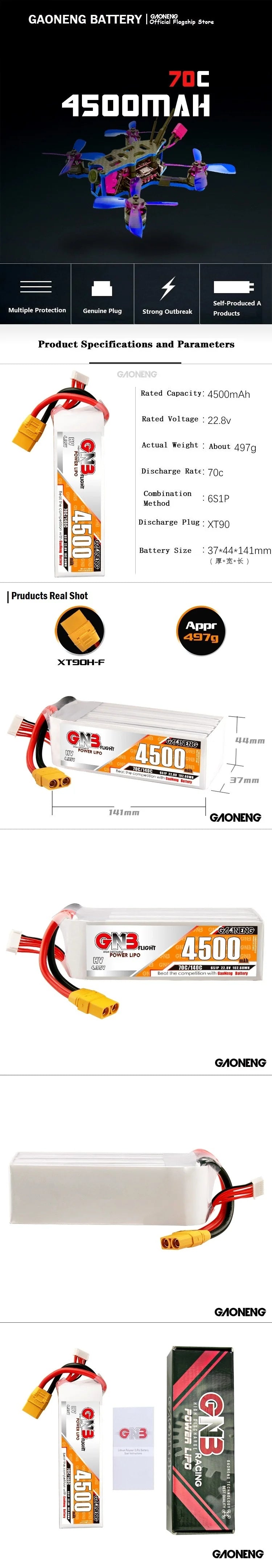 High-performance LiPo drone battery with strong outbreak, 70C discharge rate, and multiple protections for reliable power.