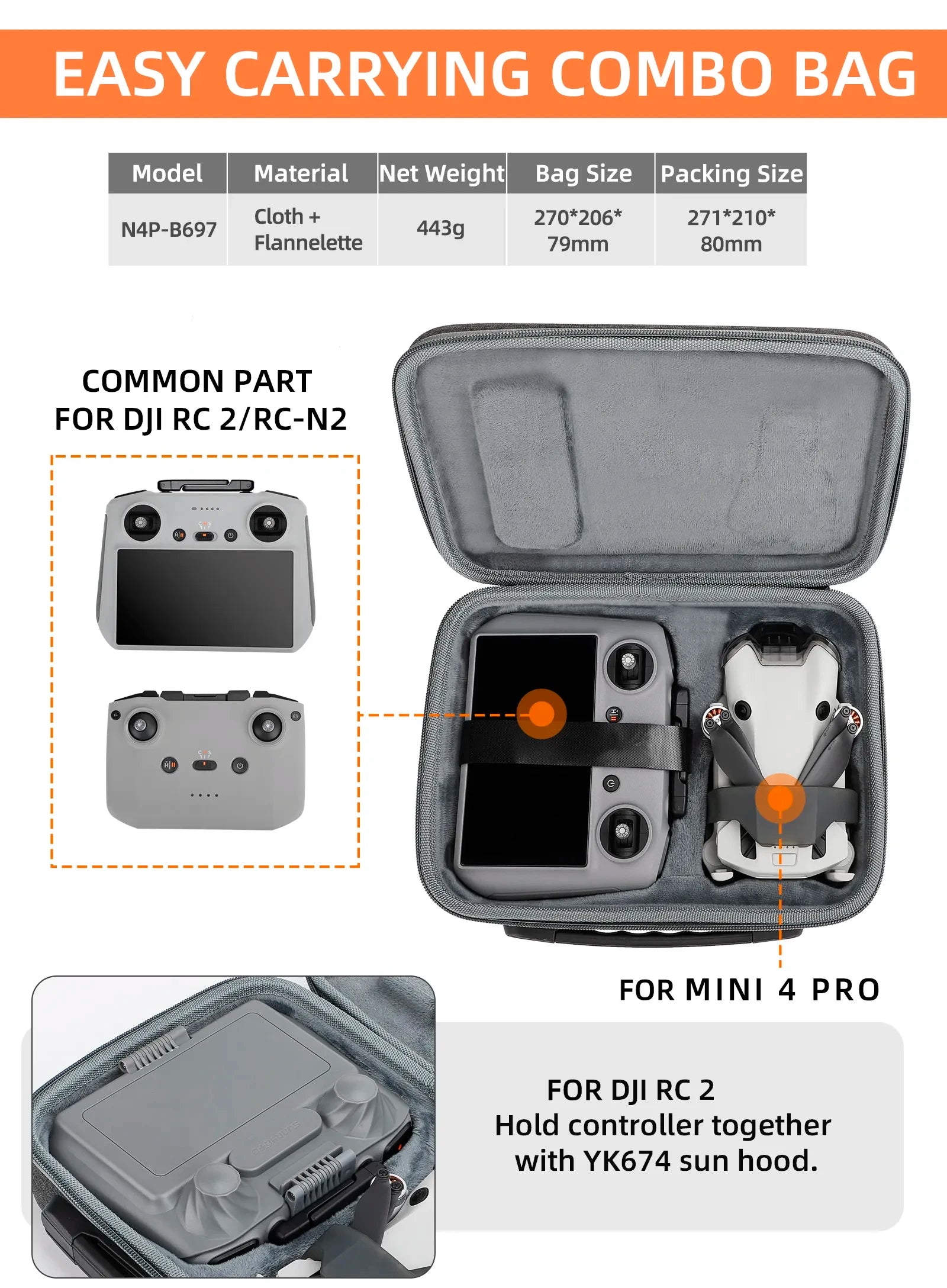 Portable Carrying Case For DJI Mini 4 Pro, EASY CARRYING COMBO BAG Model Material Net Weightl Bag Size