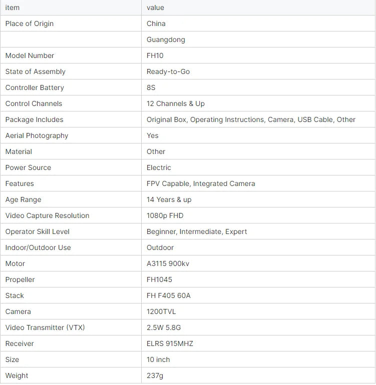 FH10 10inch FPV, FH10 FPV racing drone features 12+ channels, 1080p video capture, and 2.5W VTX for outdoor use by beginners to experts.