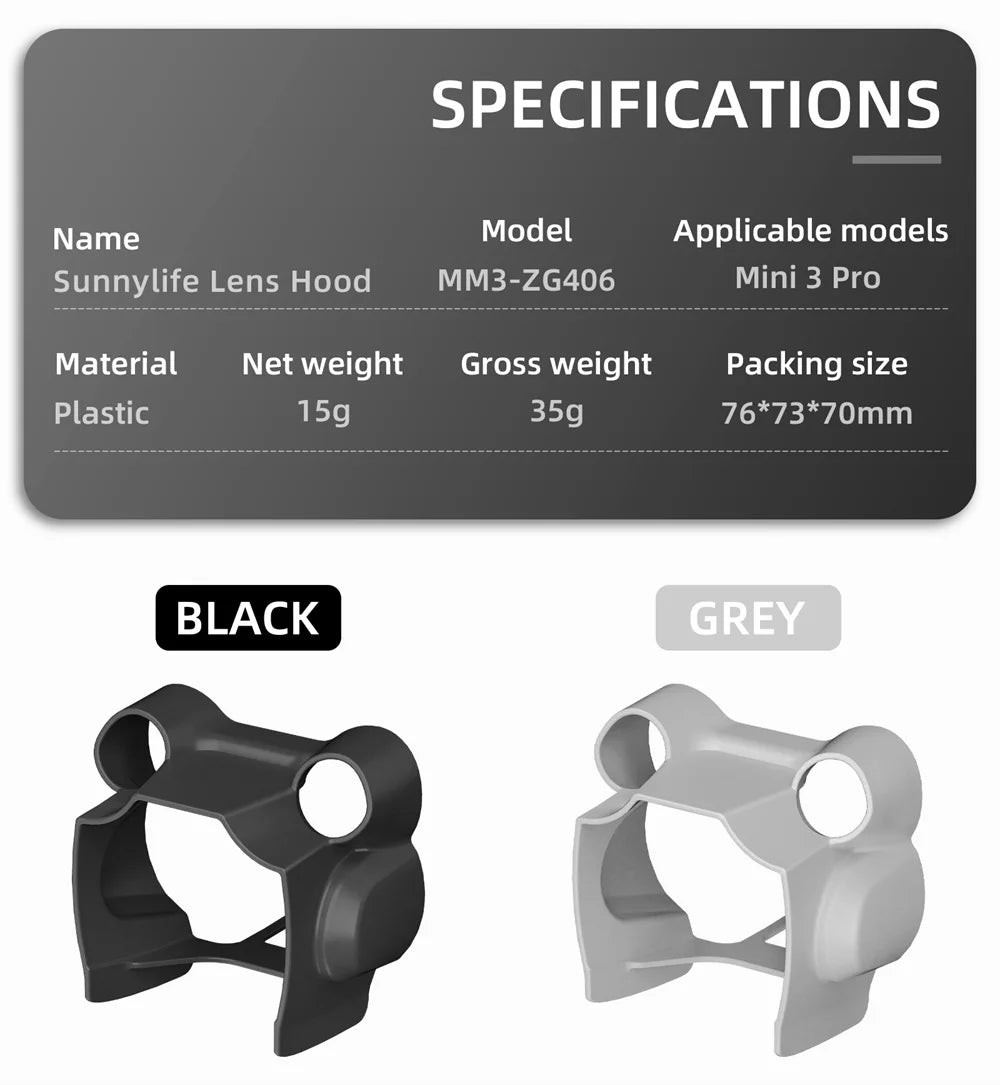 SPECIFICATIONS Name Model Applicable models Sunnylife Lens Hood MM3
