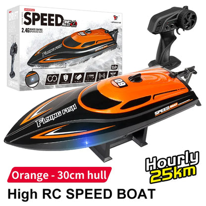 Children 2.4GHz RC Boat, A high-speed remote control speedboat for kids, reaching 25km/h with a 2.4GHz frequency range and powered by a 7.4V battery.