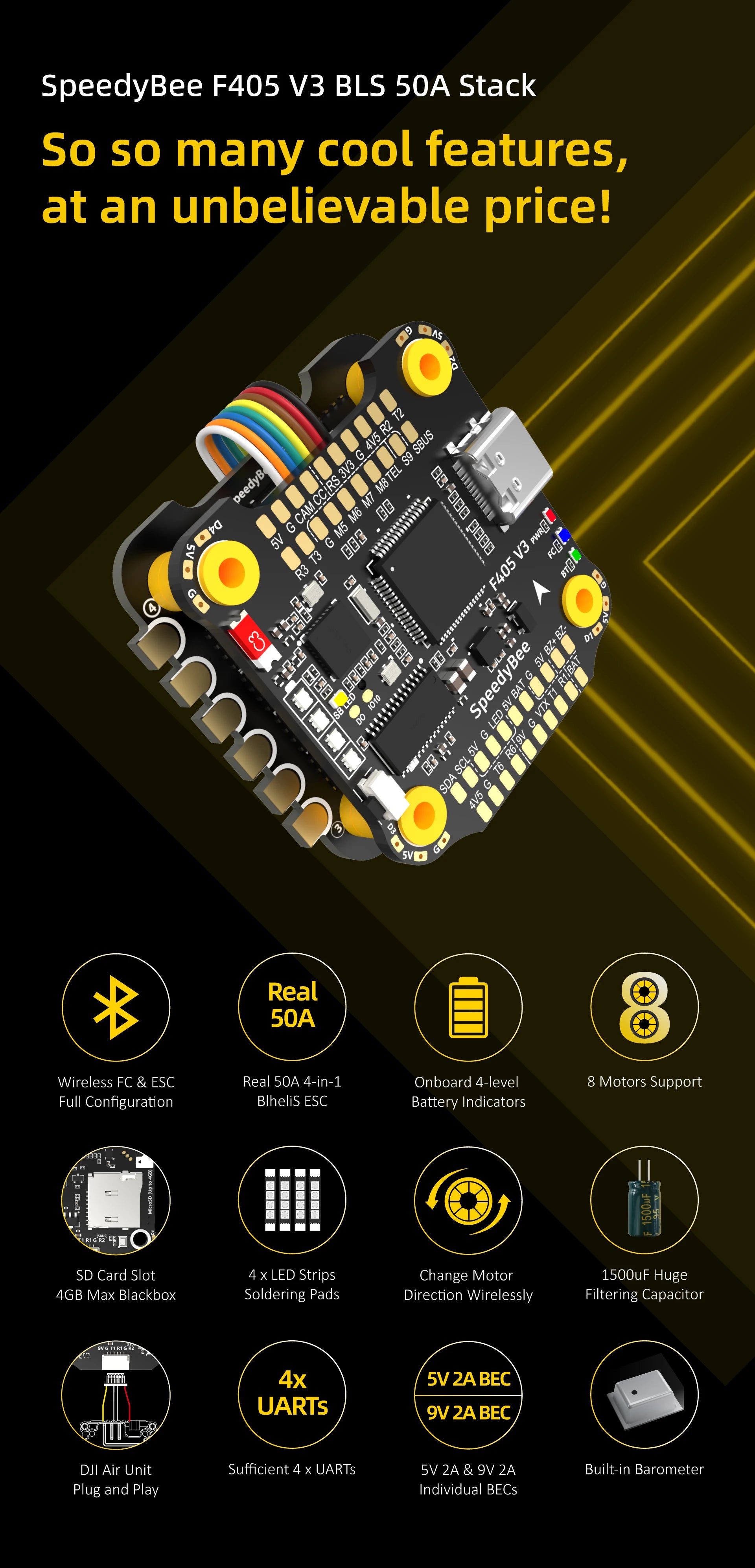 SpeedyBee F405 V3 50A Stack, Used for Flight Controller configuration DJI Air Unit Connection Way Two ways supported: 6-pin connector or